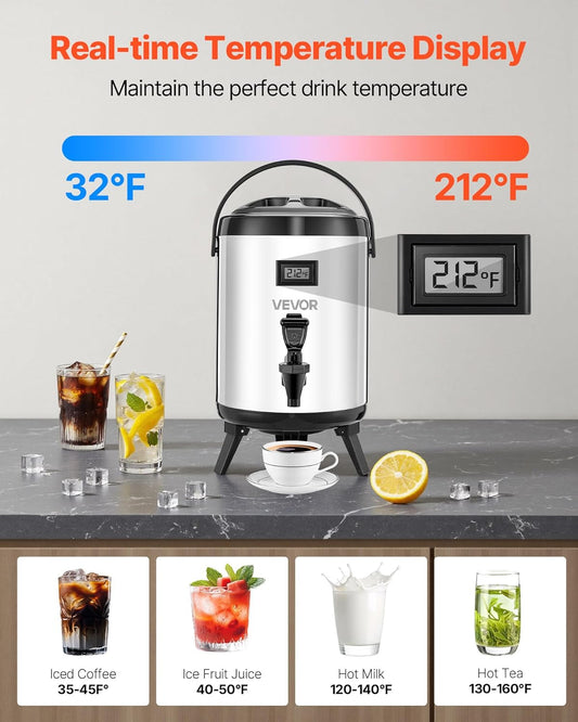 VEVOR Insulated Beverage Dispenser, 3.2 Gal/12L Stainless Steel Thermal Drink Server with Spigot & Temp Display, Suitable for Hot and Cold Drinks, for Tea Coffee Water in Cafes & Restaurants, Silver