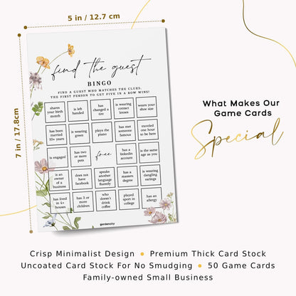 GardenCity Find The Guest Bingo Game Cards, Bridal Shower Games, Baby Shower Bingo, Wedding Game, 50 Cards - Wildflower