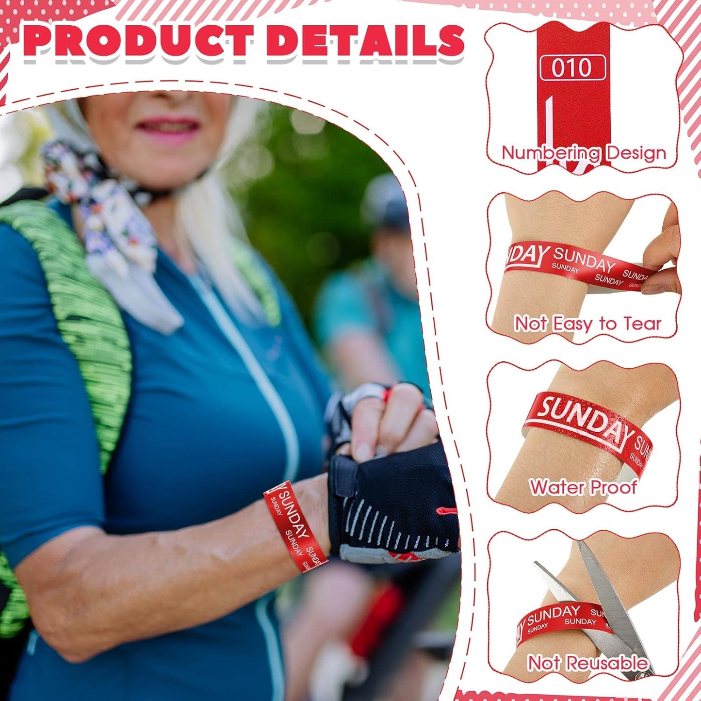 Henoyso 600 Pcs Saturday Paper Wristbands Event Admission Paper Bracelets Numbered Waterproof Party Armbands for Events Day of the Week(Red)