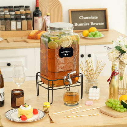 Bululuo Glass Drinks Dispenser for Parties, 2 PACK 1 Gallon Beverage Dispenser with Stand for Juice and Iced Tea, Water Jug Dispenser for Lemonade, Party Essential Beverage Pitcher with Spout