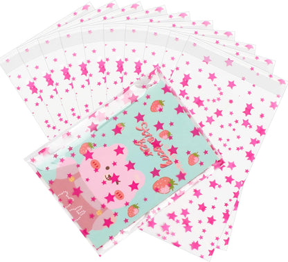 100 Pcs Star Printed 5"X 7" Gift Wrap Cello Cellophane Treat Bags Party Favor bags Clear Candy Cookie Bag Plastic Poly Goodie Storage Bag with Twist Ties for Bakery,Birthday, Wedding ,Party Decorations (Gold)
