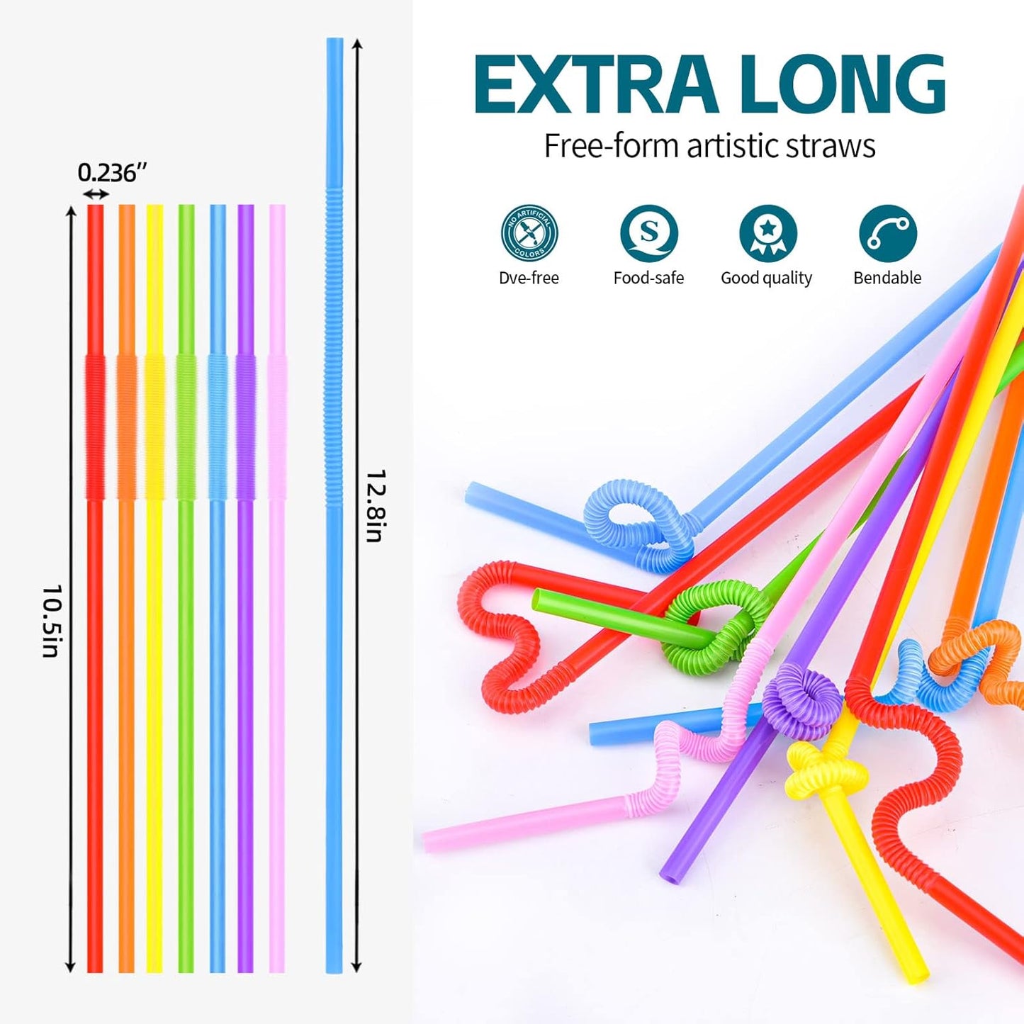SONGNASS 100PCS Flexible Plastic Straws, Colorful Disposable Bendy Party Fancy Straws12.8inch Extra Long Straws Party Decorations