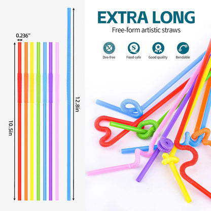 SONGNASS 100PCS Flexible Plastic Straws, Colorful Disposable Bendy Party Fancy Straws12.8inch Extra Long Straws Party Decorations