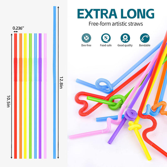 SONGNASS 100PCS Flexible Plastic Straws, Colorful Disposable Bendy Party Fancy Straws12.8inch Extra Long Straws Party Decorations