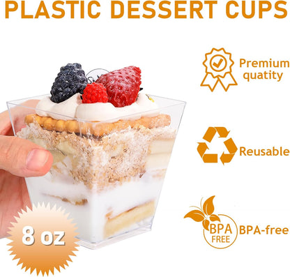 supernal 100pcs Square Plastic Dessert Cups (4oz) with 100pcs Mini Gold Spoons, Plastic Parfait Appetizer Cup, Medium Clear Dessert Cups Perfect for Cakes, Ice Cream, Desserts Appetizers