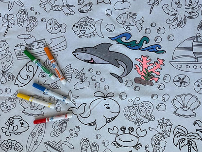 Animal Fun Design – Square Tablecloth 60”X60” – Interactive Coloring Tablecloth for Kids - Poly/Cotton Fabric – Washable and Reusable – DIY Activity for Children and Adults