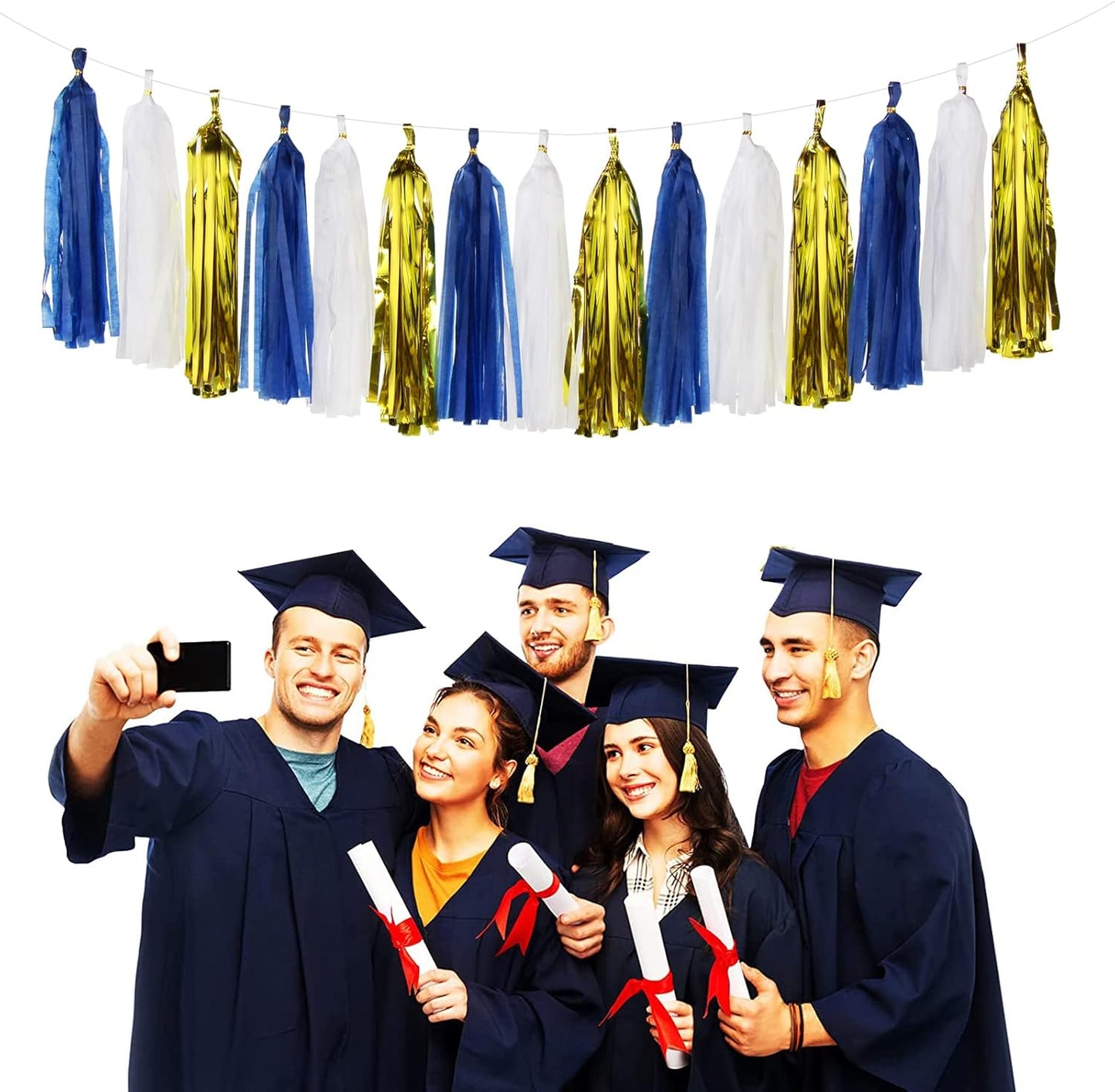 Navy-Blue White-Silver Tassel Garland Streamers - 15pcs Party Decorations Tissue Paper Tassels Banner,Graduation 2025 Wedding Baby Bridal Shower Hanging Decoration Boy Birthday Backdrop Decor Panduola