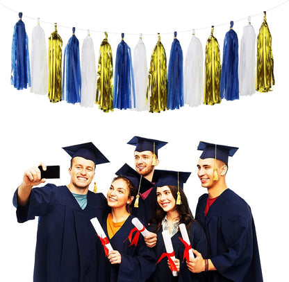 Navy-Blue White-Silver Tassel Garland Streamers - 15pcs Party Decorations Tissue Paper Tassels Banner,Graduation 2025 Wedding Baby Bridal Shower Hanging Decoration Boy Birthday Backdrop Decor Panduola