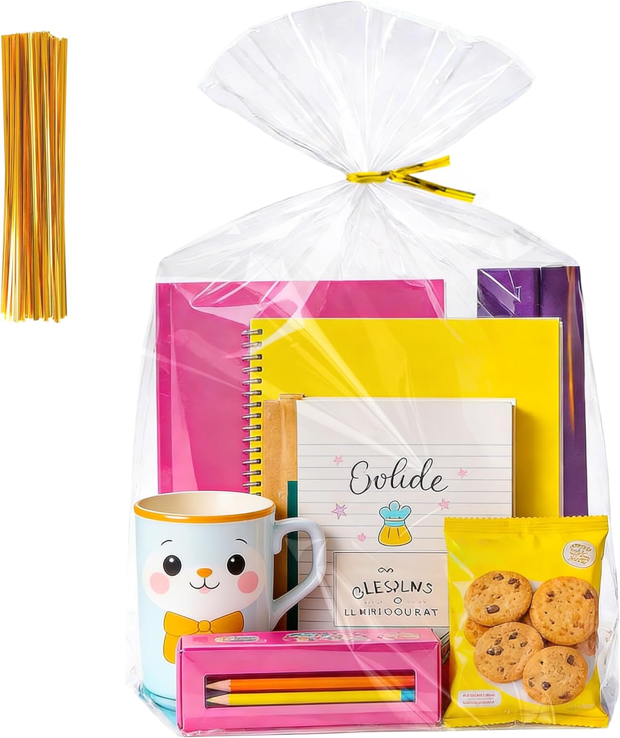 Soarvita 7x10 Inch Cellophane Treat Bags, 50 Pcs Clear Gift Bags with Bottom Gusset for Stand-Up Display, Cellophane Gift Wrap with 60 Gold Ties for Goodies, Treats, Candy, Party Favors, Toys