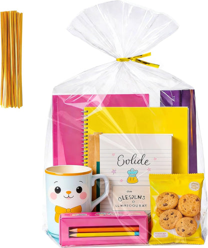 Soarvita 7x10 Inch Cellophane Treat Bags, 50 Pcs Clear Gift Bags with Bottom Gusset for Stand-Up Display, Cellophane Gift Wrap with 60 Gold Ties for Goodies, Treats, Candy, Party Favors, Toys