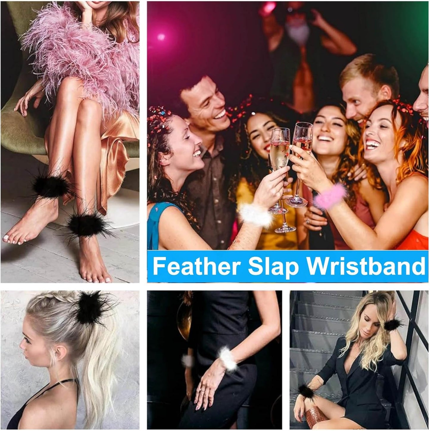 2Pcs Feather Wristbands, 9.65inch Soft Feather Wrist Slap Bracelet Cuffs, Snap Ring, Circle Slap Wrist Decoration Cuffs for Party Decoration