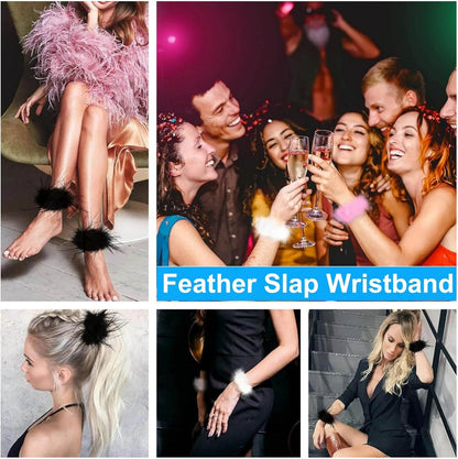 2Pcs Feather Wristbands, 9.65inch Soft Feather Wrist Slap Bracelet Cuffs, Snap Ring, Circle Slap Wrist Decoration Cuffs for Party Decoration