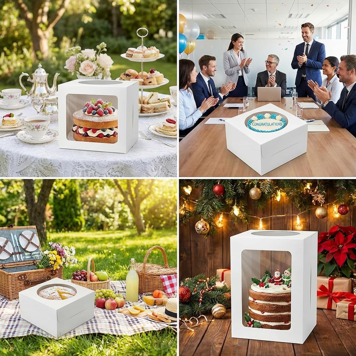 3 Pack 10x10x8 Inch White Cake Boxes with Window and Lids – Disposable Bakery Boxes for Cakes, Donuts, Pies, Cookies – Birthday, Wedding, Party Supplies