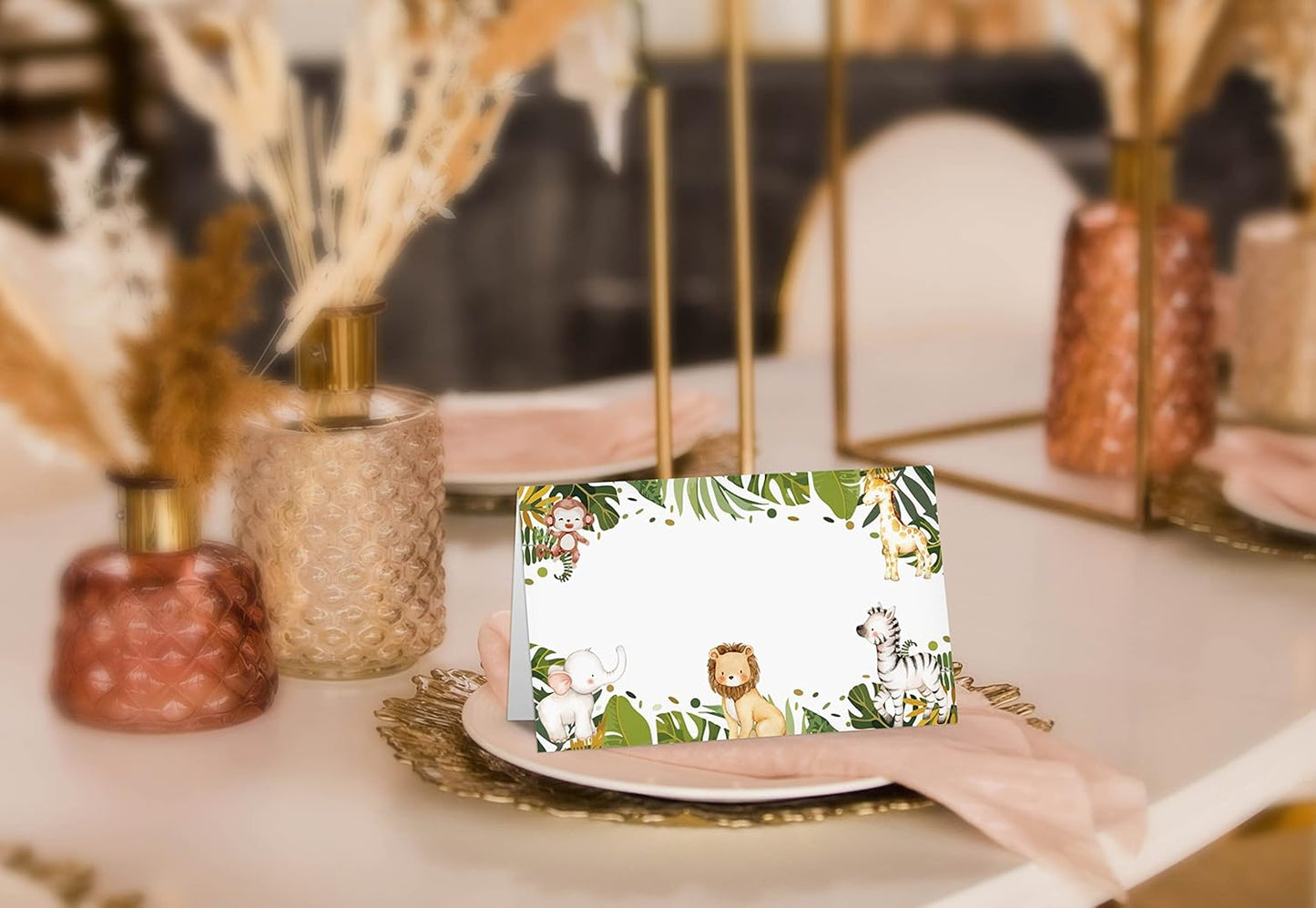Table Place Card, Jungle Safari Animals Themed Tent Style Cards, Pack of 25 Half-Fold Reception Place Card, Gold Wild Animal Food Labels, Perfect for Baby Shower, Birthday Party C08