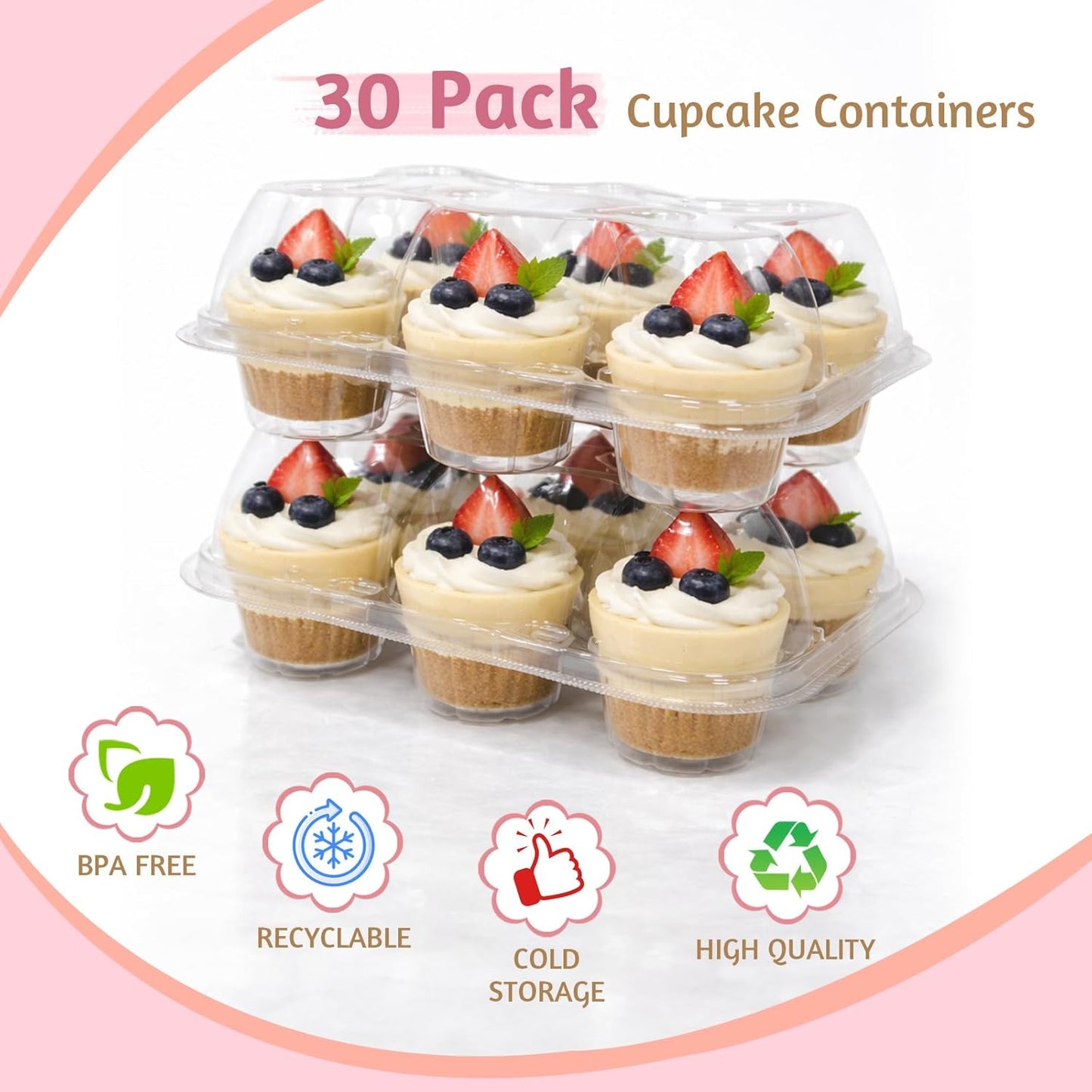 WIKDAY 6 Count Cupcake Containers with Lids, 30 Pack Stackable cupcake holders Clear Plastic Dessert Boxes for 180 Cupcakes, Muffins