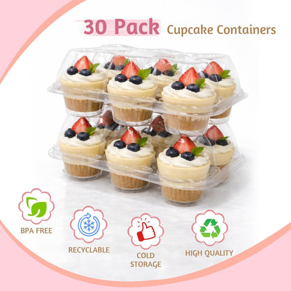 WIKDAY 6 Count Cupcake Containers with Lids, 30 Pack Stackable cupcake holders Clear Plastic Dessert Boxes for 180 Cupcakes, Muffins