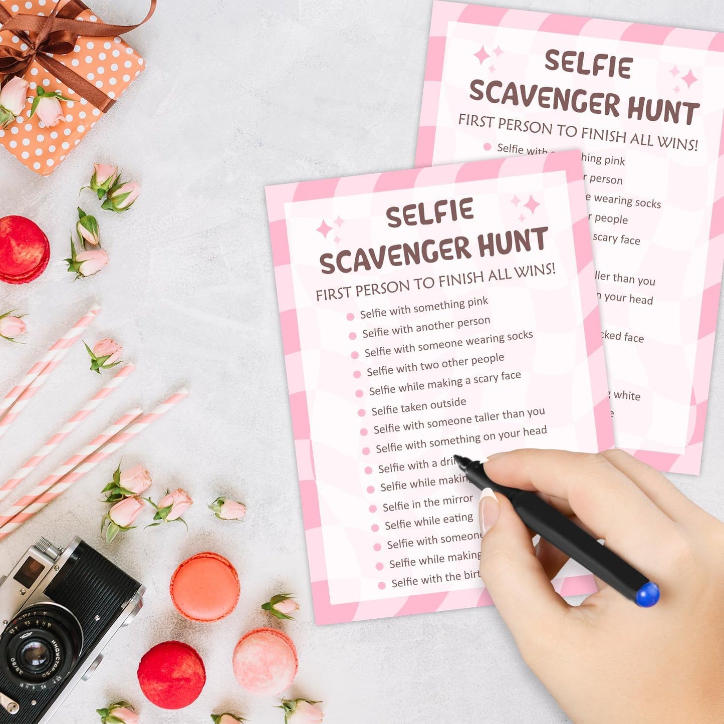 Selfie Scavenger Hunt Birthday Party Games Cards for Birthday Sleepover Slumber Party Pink Sweet Party Favors & Supplies Activity for Women Set of 20 - YY026