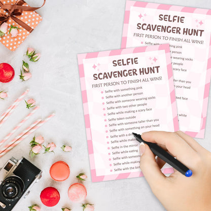 Selfie Scavenger Hunt Birthday Party Games Cards for Birthday Sleepover Slumber Party Pink Sweet Party Favors & Supplies Activity for Women Set of 20 - YY026