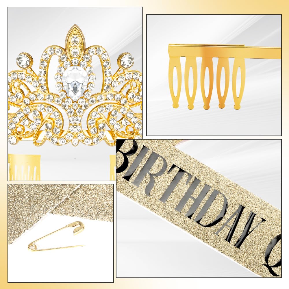 Birthday Sash for Women,Birthday Crown Tiaras for Women,Gold Rhinestone Queen Sash and Crown Tiara Headband for Party Decorations