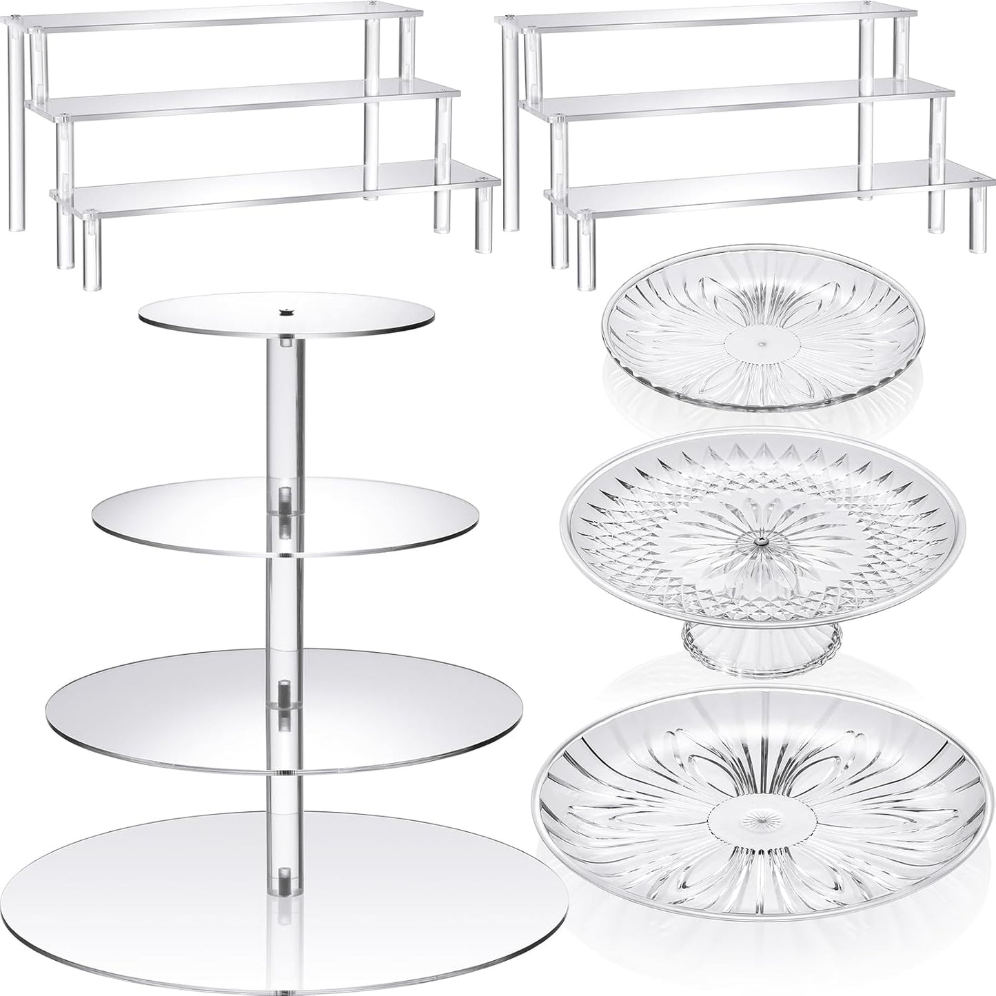 6 Pcs Acrylic Dessert Stands Set Include Display Risers Cupcake Tower and Clear Round Dessert Trays Cake Table Holder for Wedding Baby Shower Decoration(Classic Style)