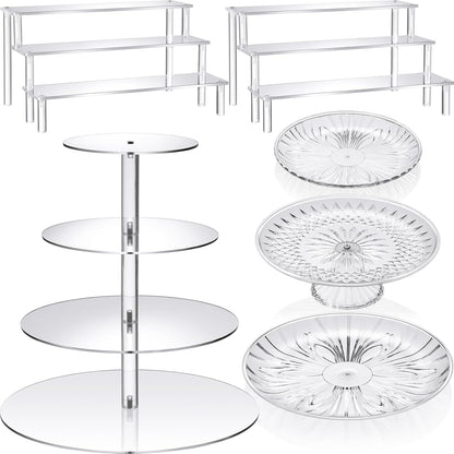 6 Pcs Acrylic Dessert Stands Set Include Display Risers Cupcake Tower and Clear Round Dessert Trays Cake Table Holder for Wedding Baby Shower Decoration(Classic Style)