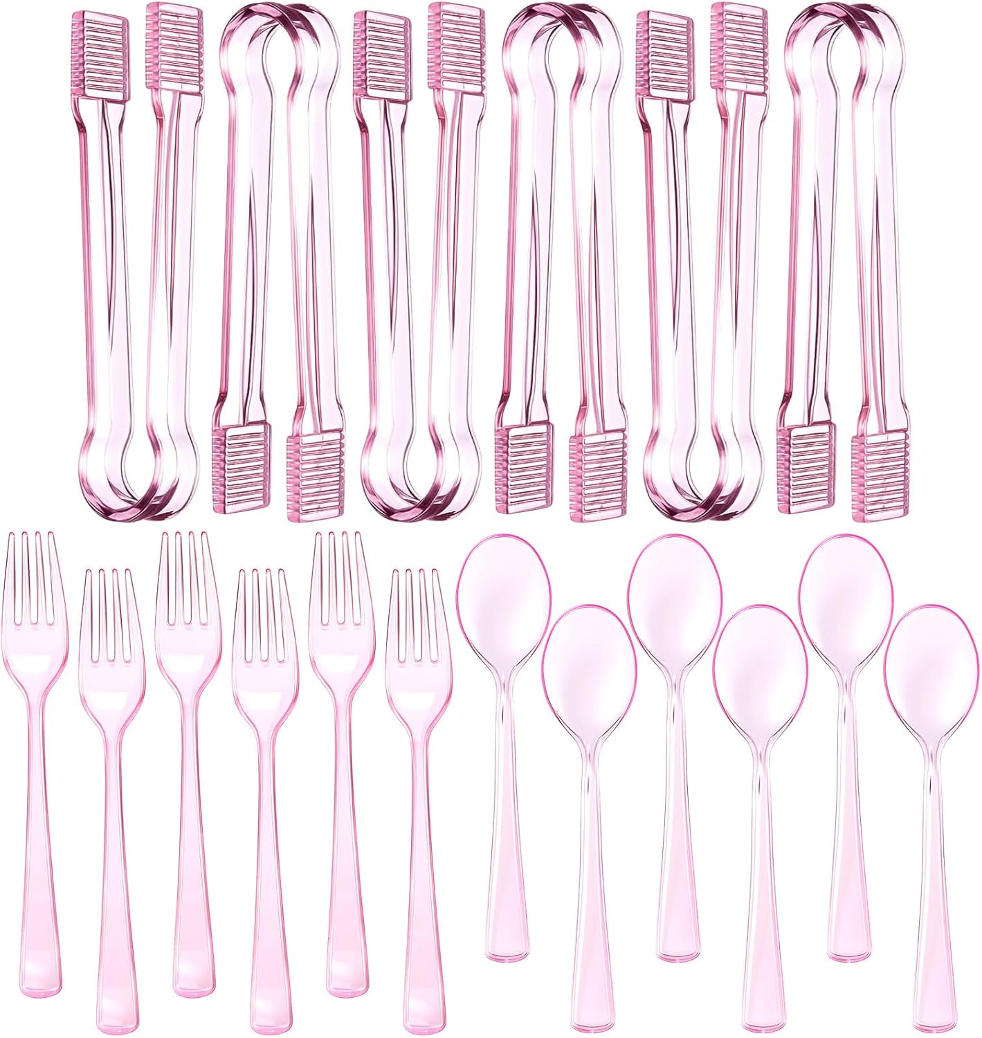 Potchen 18 Pcs Pink Plastic Silverware Set Disposable Clear Heavy Duty Serving Utensils 6 Serving Tongs 6 Spoons 6 Forks for Birthday Wedding Baby Shower Bridal Kitchen Food Ice Salad Buffet Party