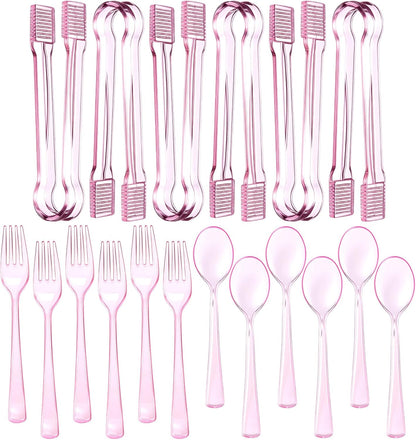 Potchen 18 Pcs Pink Plastic Silverware Set Disposable Clear Heavy Duty Serving Utensils 6 Serving Tongs 6 Spoons 6 Forks for Birthday Wedding Baby Shower Bridal Kitchen Food Ice Salad Buffet Party