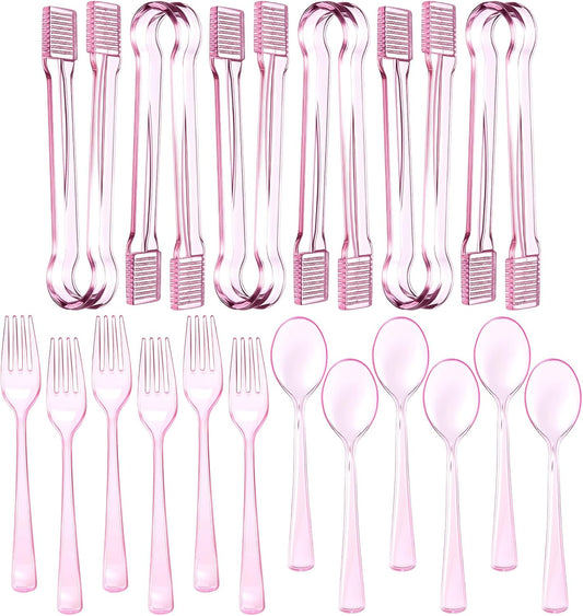 Potchen 18 Pcs Pink Plastic Silverware Set Disposable Clear Heavy Duty Serving Utensils 6 Serving Tongs 6 Spoons 6 Forks for Birthday Wedding Baby Shower Bridal Kitchen Food Ice Salad Buffet Party