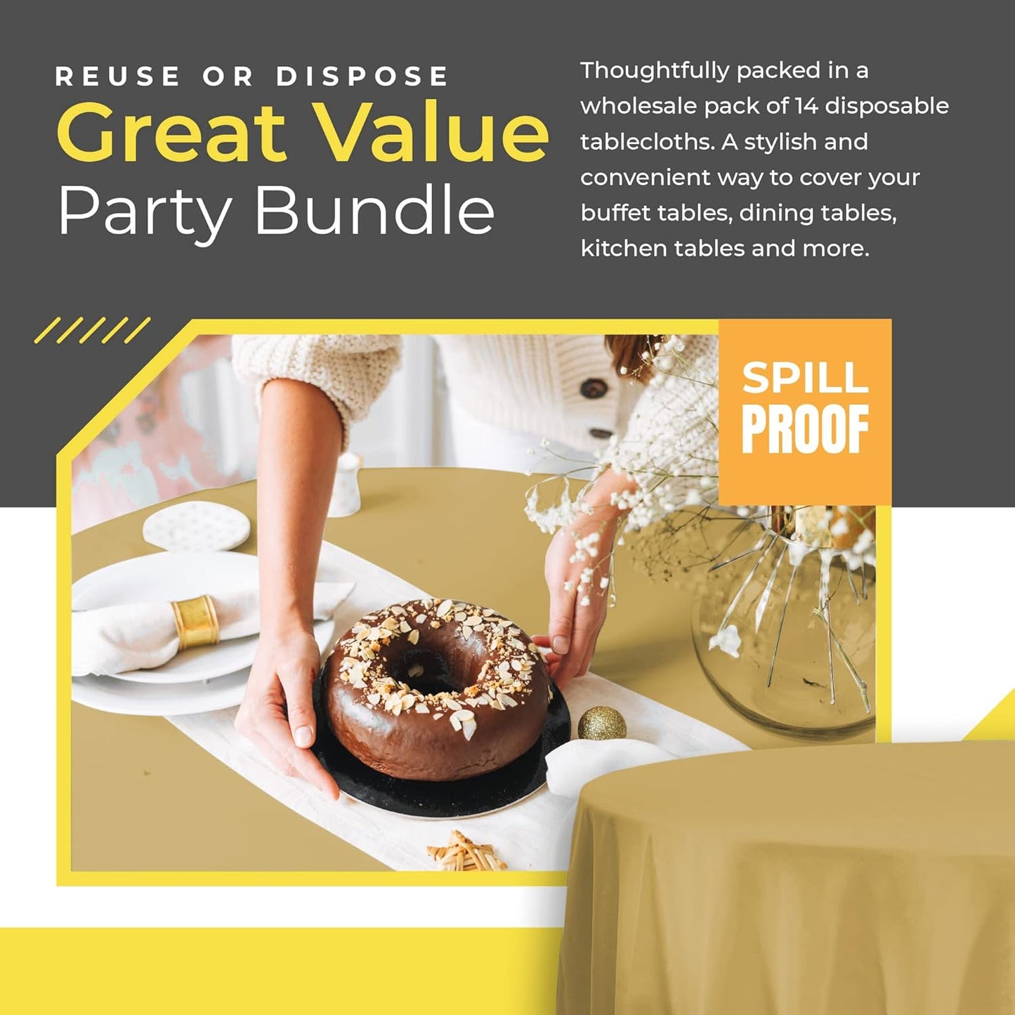 14 Pack Black 54 x 108 in. Rectangle Disposable Plastic Tablecloths - Smooth Decorative Covers for Parties, Weddings