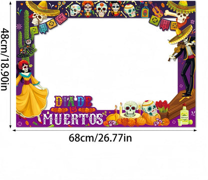 Day of The Dead Photo Booth Props Kit- 30Pcs Día de Los Muertos Party Selfie Props with Photo Booth Frame Cinco de Mayo Sugar Skull Photo Props for Mexican Halloween Party Decoration Supplies