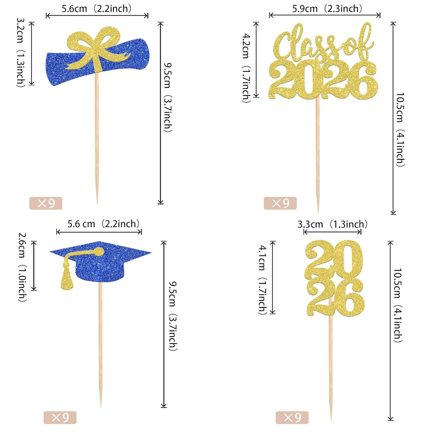 36 PCS 2026 Graduation Theme Cupcake Toppers Glitter Class of 2026 Grad Cap Diploma Cupcake Picks 2026 Graduation Theme Party Cake Decorations Supplies Deep Blue