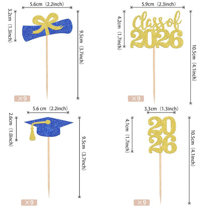 36 PCS 2026 Graduation Theme Cupcake Toppers Glitter Class of 2026 Grad Cap Diploma Cupcake Picks 2026 Graduation Theme Party Cake Decorations Supplies Deep Blue