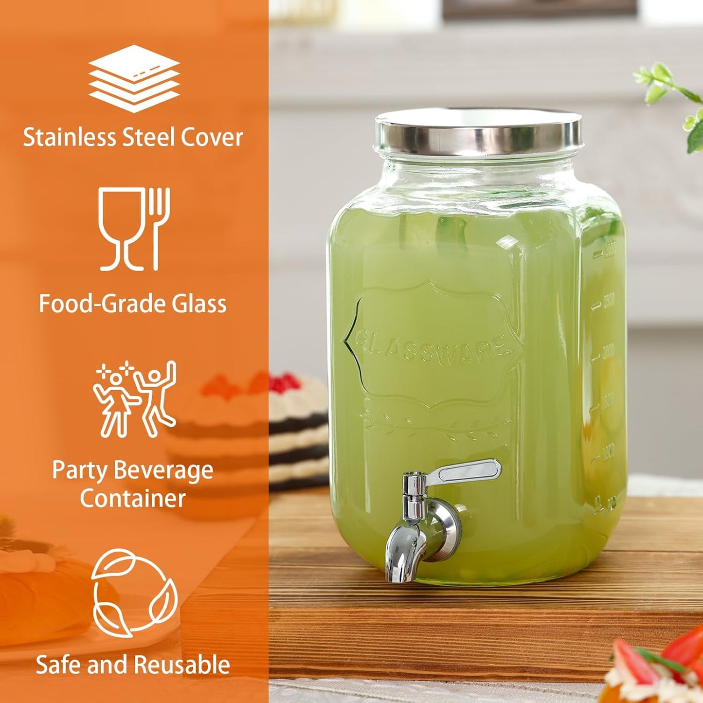 Bululuo Glass Drinks Dispenser for Parties, 2 PACK 1 Gallon Beverage Dispenser with Stand for Juice and Iced Tea, Water Jug Dispenser for Lemonade, Party Essential Beverage Pitcher with Spout