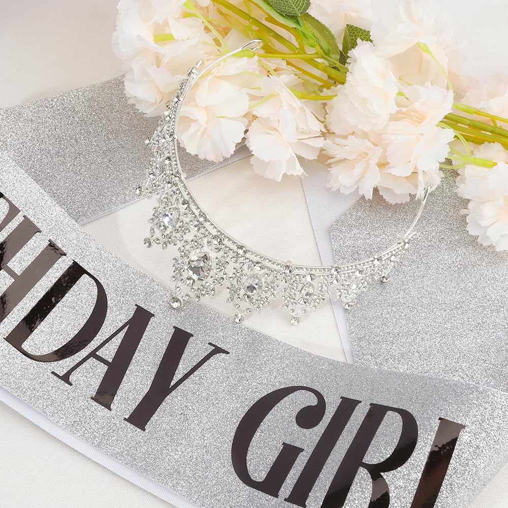 Silver Birthday Crown Headband with Sash for Women - Rhinestone Tiara for Birthday Parties