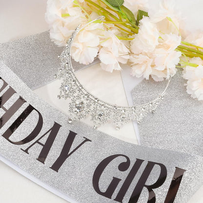 Silver Birthday Crown Headband with Sash for Women - Rhinestone Tiara for Birthday Parties