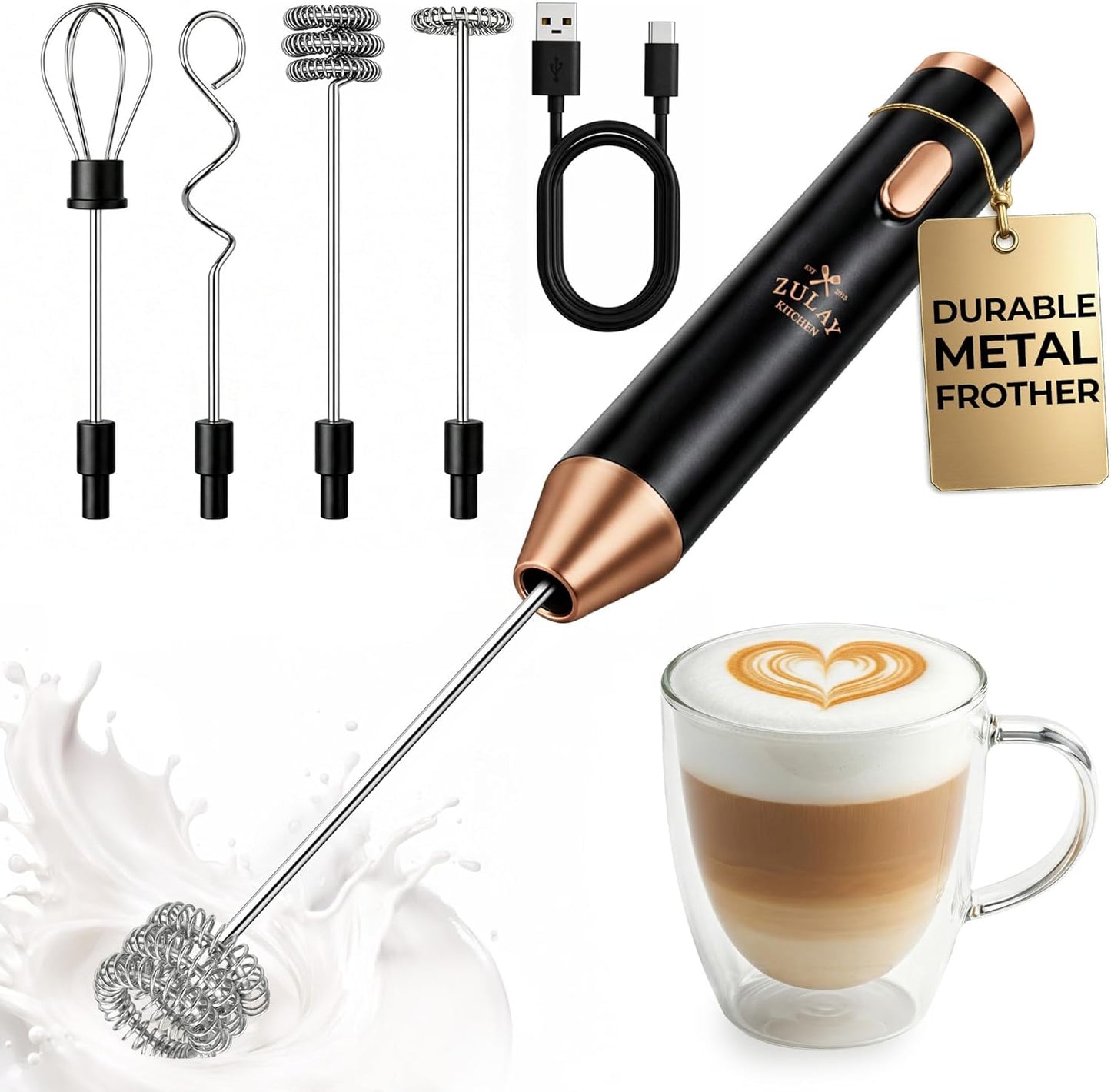 Zulay Kitchen Powerful Milk Frother Wand With Duracell Batteries - Ultra Fast Handheld Drink Mixer - Electric Whisk Foam Maker for Coffee, Lattes, Cappuccino & Matcha - Z1 Motor - Black - Colors C