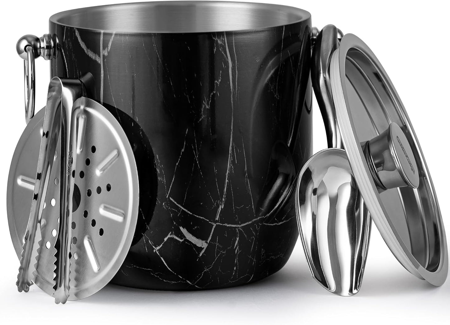 Insulated Ice Bucket, 3L Double Wall Stainless Steel Ice Bucket with Tongs,Lid, Scoop and Strainer, Ice Buckets for Parties,Cocktail Bars, Chilling Beer, Champagne, Wine Bottles,Wood