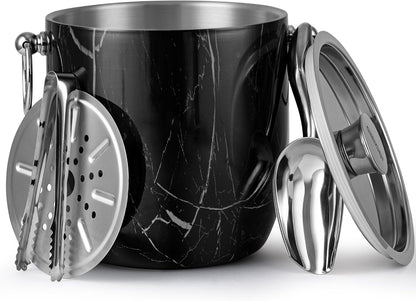 Insulated Ice Bucket, 3L Double Wall Stainless Steel Ice Bucket with Tongs,Lid, Scoop and Strainer, Ice Buckets for Parties,Cocktail Bars, Chilling Beer, Champagne, Wine Bottles,Wood