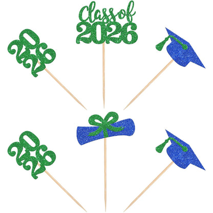 36 PCS 2026 Graduation Theme Cupcake Toppers Glitter Class of 2026 Grad Cap Diploma Cupcake Picks 2026 Graduation Theme Party Cake Decorations Supplies Deep Blue