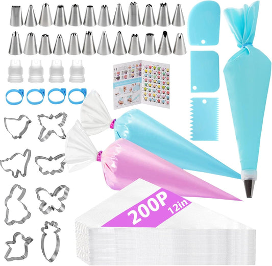 Piping Bags and Tips Set, 245P Cake Decorating Kit, 200Pcs 12 Inch Disposable Pastry Bags, Reusable Icing Bag and Tips Set for Cupcake Baking Supplies, Frosting Piping Kit for Cookie, Cake Decorations