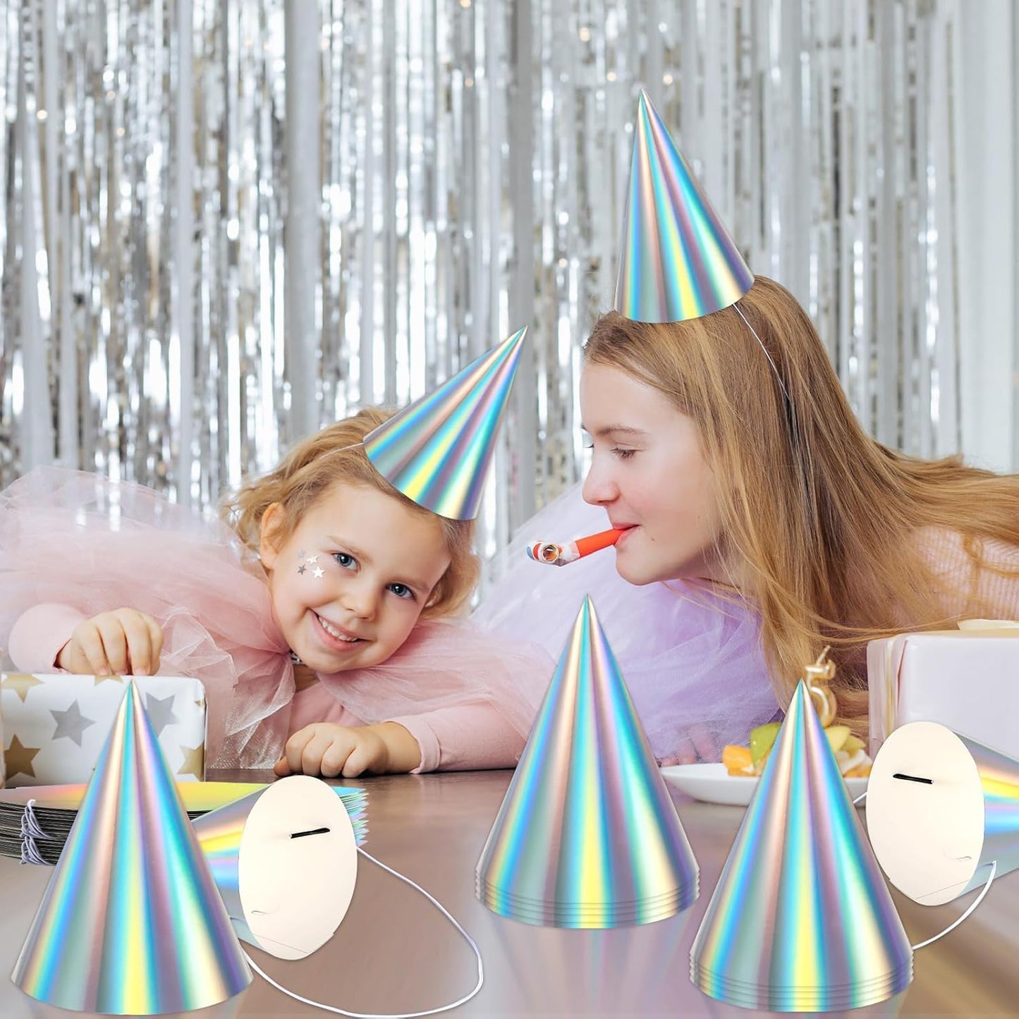 ZOIIWA 48 Pieces Iridescent Party Hats Rainbow Laser Themed Hat Birthday Party Cone Hats with Elastic String for Birthday Parties and Friend gatherings Rainbow Handmade Hat for Kids Baby Shower Boys