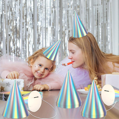 ZOIIWA 48 Pieces Iridescent Party Hats Rainbow Laser Themed Hat Birthday Party Cone Hats with Elastic String for Birthday Parties and Friend gatherings Rainbow Handmade Hat for Kids Baby Shower Boys
