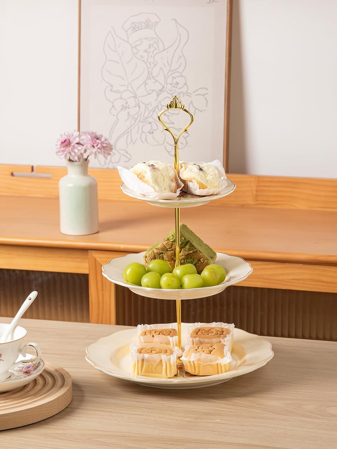 Sweejar 3 Tier Ceramic Cake Stand Wedding, Dessert Cupcake Stand for Tea Party Serving Platter (White)
