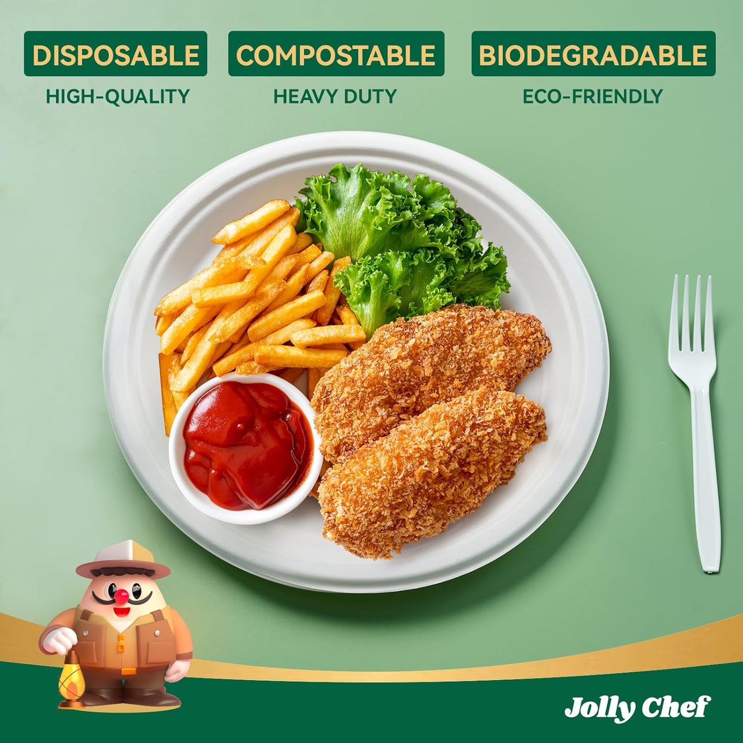 JOLLY CHEF Compostable Heavy Duty Plates 𝟭𝟬 𝗜𝗻𝗰𝗵 [𝟯𝟬𝟬 𝗣𝗮𝗰𝗸] Eco-Friendly Disposable Paper Plates Made of Bagasse Biodegradable Bulk for Party Dinner Sugarcane Thanksgiving Day (Natural)