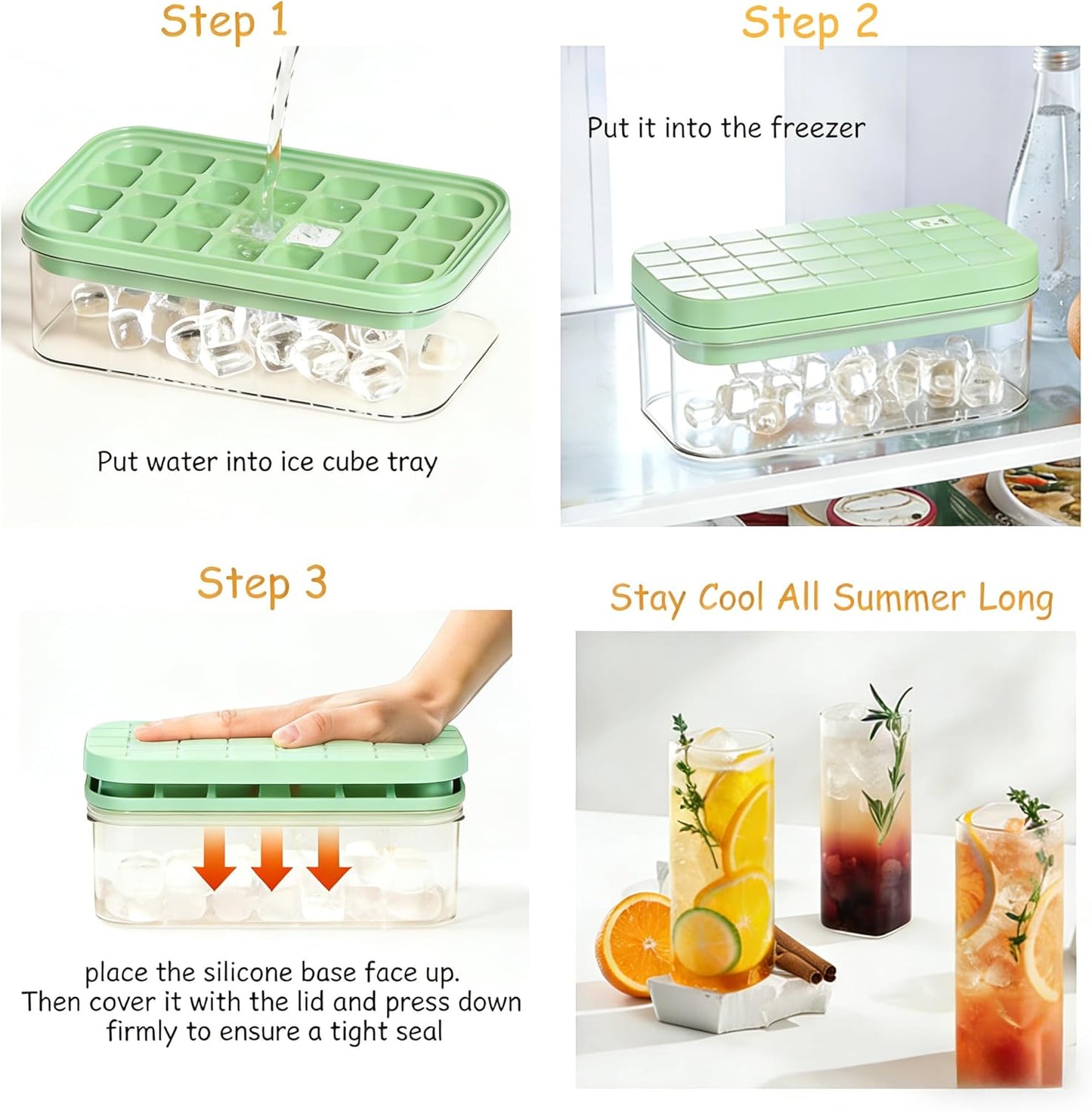 Compact Ice Cube Tray with Lid and Bin, Mini Press-Type Ice Cube Maker for Freezer, Space-Saving Small Ice Bucket with Tongs for RV, Office, Mini Ice Cube Trays & Water Bottles, BPA-Free (Green)