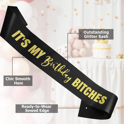 RUDONG M It's My Birthday Bitches Sash - Black Birthday Sash with Rose Gold Glitter for Women & Girls | Sweet 16/18th/21st/30th/40th/50th/60th/70th, All-Age Celebration Party Decor