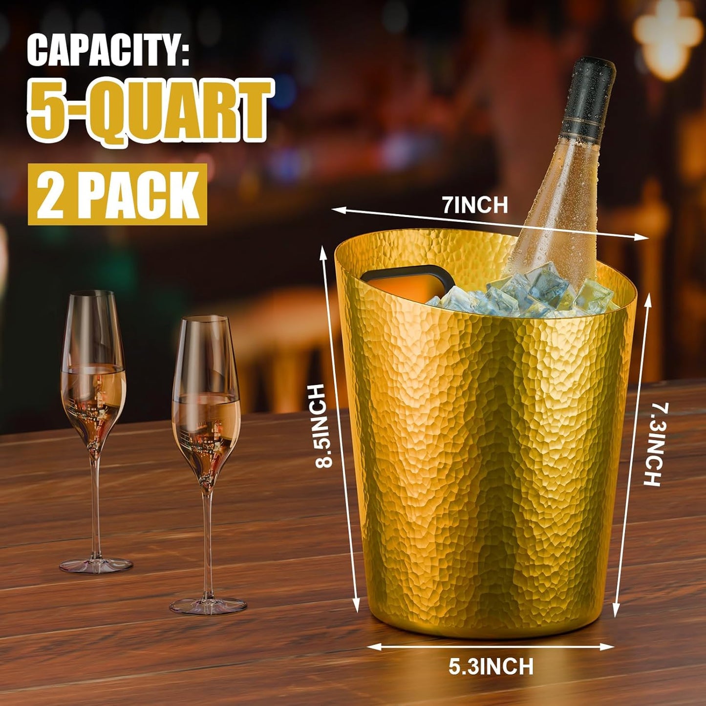 MorningRo 2 Pcs 5 Quart Black Champagne Ice Bucket 4.7 L Metal Doublewall Hammered Stainless Steel Wine Beer Chiller Home Bar Accessories for Football Sports Wedding Party Summer BBQ (Beveled Mouth)