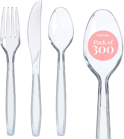 Prestee 300 Piece Heavy Duty Plastic Silverware Set - 100 of Each Silver Plasticware Forks, Spoons, Knives - Flatware Cutlery for Weddings - Durable Disposable Plastic Utensils for Catering, Buffets