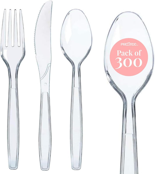 Prestee 300 Piece Heavy Duty Plastic Silverware Set - 100 of Each Silver Plasticware Forks, Spoons, Knives - Flatware Cutlery for Weddings - Durable Disposable Plastic Utensils for Catering, Buffets