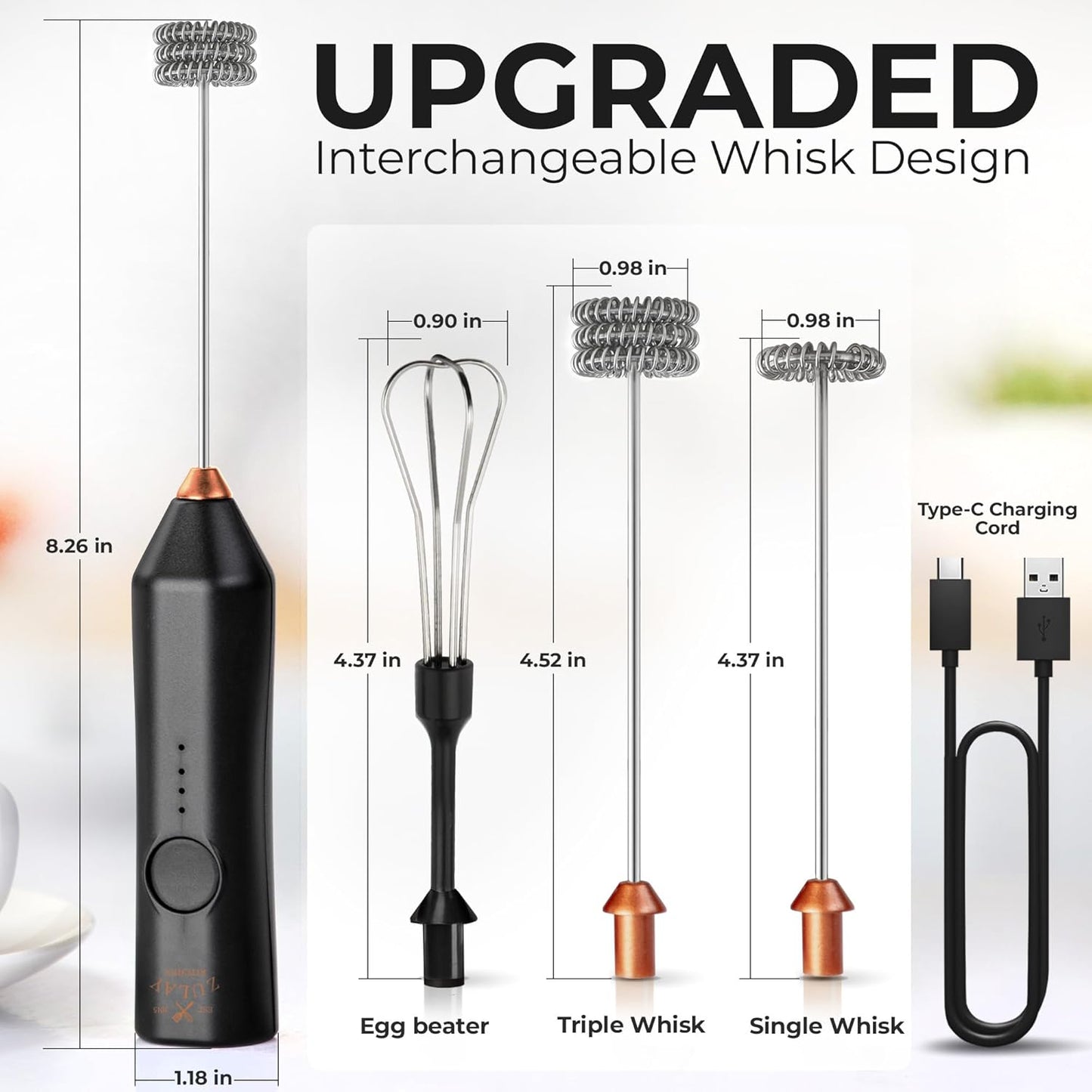 Zulay Kitchen Powerful Milk Frother Wand With Duracell Batteries - Ultra Fast Handheld Drink Mixer - Electric Whisk Foam Maker for Coffee, Lattes, Cappuccino & Matcha - Z1 Motor - Black - Colors C